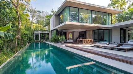 A modern tropical villa with an integrated swimming pool and sleek design provides a peaceful haven.