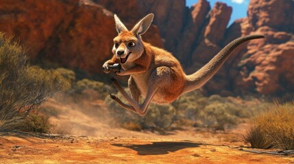 Wall Mural - A lively kangaroo leaps across a vibrant desert landscape, showcasing its agility and energy.