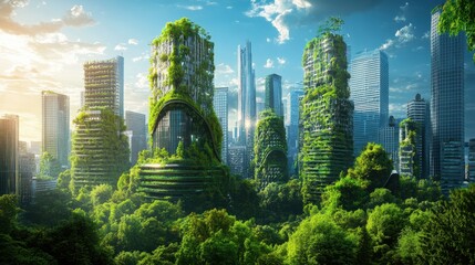 futuristic green city with nature-inspired architecture and renewable energy