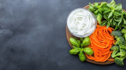 Wall Mural - Sliced onions, carrots, and vibrant broccoli are arranged on a wooden board with a bowl of brown sauce nearby, set against a blue and white checkered background