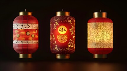 Cylindrical lantern in red and gold with simple cartoon-style designs