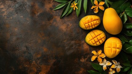 Wall Mural - A vibrant arrangement of mangoes and flowers on a textured background.