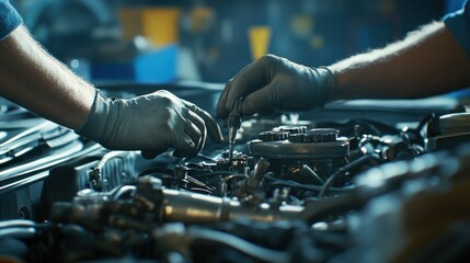 Poster - A mechanic working on an engine, focusing on repairs and maintenance tasks.