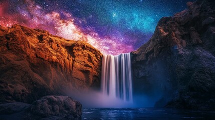 colorful waterfall with milky way