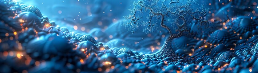 Abstract blue tree, fractal pattern, intricate details, glowing effect, deep blue background, surreal style