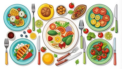 Delicious meal illustration, colorful plates with forks and knives, various culinary icons, and food items, set against a clean white background with bold outlines.