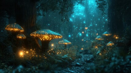 Glowing bioluminescent mushrooms in a mystical forest