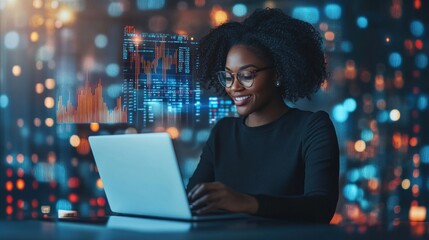 Sticker - A woman works on a laptop in a tech-inspired environment with data visuals in the background.