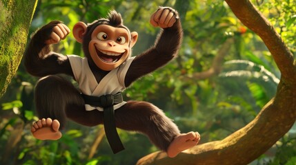 Sticker - A cheerful animated monkey in a karate outfit poses playfully in a vibrant jungle setting.