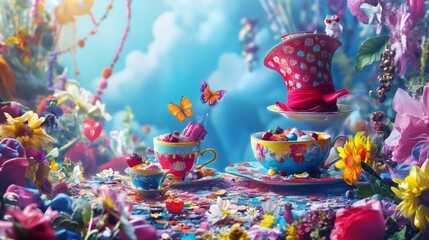 Vibrant Wonderland Tea Party: A colorful banner background of Mad Hatter Day  where the Mad Hatterâ€™s tea party is bathed in vivid colors and vibrant energy, 