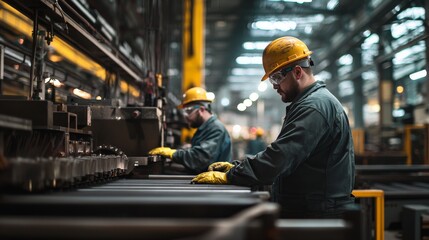 Workers in a factory wearing full safety gear, including hard hats, gloves, and protective eyewear, as they operate machinery, emphasizing the importance of safety protocols in industrial environments