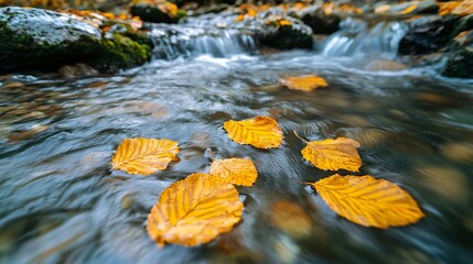 Sticker - Autumn leaves floating in a stream with blurred background of cascading water.