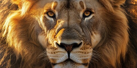 Wall Mural - A beautiful macro shot of a lion face with its golden fur glowing under the warm setting sun, capturing the essence of the wild. 