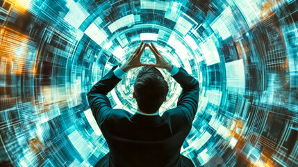 Businessman controlling futuristic digital technology interface