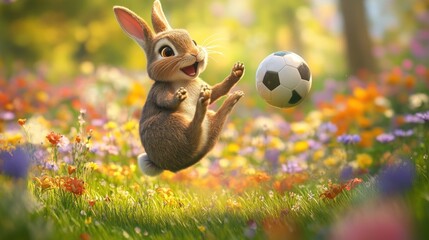 Poster - A playful rabbit joyfully kicking a soccer ball in a vibrant flower-filled meadow.