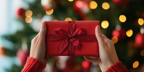 A beautifully wrapped red gift box held in hands, set against a festive Christmas tree with twinkling lights.