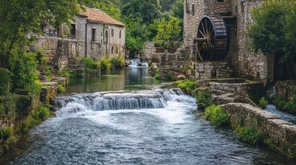 Canvas Print - Medieval village mill by the river with water flowing past ancient stone walls