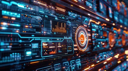 A futuristic touch screen interface with various applications and data streams