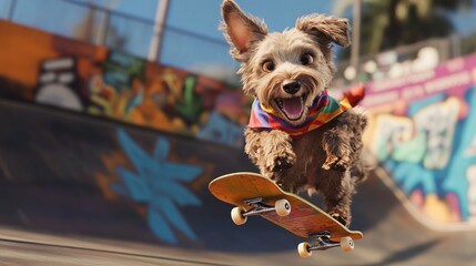 Poster - A dog skateboarding in a colorful skate park, showcasing fun and athleticism.