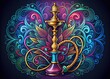 © Adisorn - Vibrant logo design featuring a stylized hookah pipe with swirling smoke and tendrils, surrounded by ornate patterns and intricate details, on a rich, velvety background.
