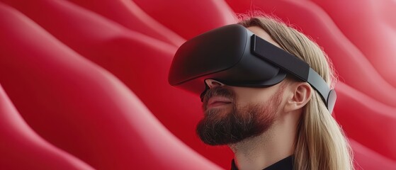 Man using virtual reality headset on creative red background.