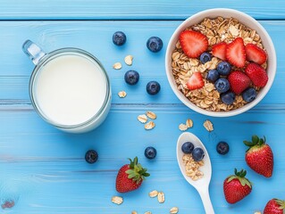 healthy breakfast, glass bowl and fruit, oats, or muesli from which strawberries and mint leaves fall out, along with some nuts. A spoon lies nearby with more fruits inside, as well as a flower bloom