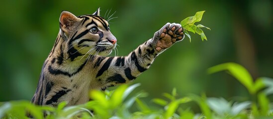 Wall Mural - Playful Clouded Leopard Reaches for a Leaf