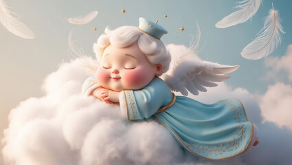 Little cute cartoon baby angel sleeping on a cloud decoration