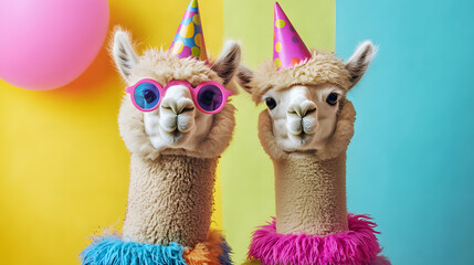 Sticker - Two alpacas in crazy party outfits with party hats on colorful background, advertising, creative party animal concept, copy space, birthday party invitation card