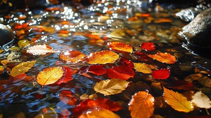 Sticker - Autumn leaves floating on a stream of water, reflecting sunlight with bokeh effect.