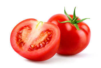 Wall Mural - Fresh juicy red Tomato with cut in half  isolated on white background.