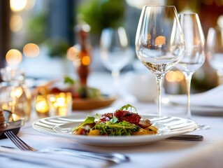 Gourmet dinner with vibrant dishes, sleek table setup.