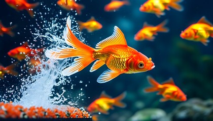 Dynamic Goldfish Leaping from Water Symbolizing Career Growth and Energetic Advancement in a Lively Aquarium Environment