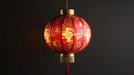 Hanging round Chinese lantern with red and gold traditional patterns and cartoon details