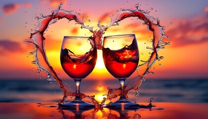 Wall Mural - Heartfelt Celebration of Love with Splashing Red Wine Glasses at a Vibrant Sunset in Abstract Colors