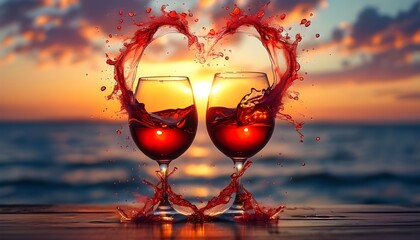 Wall Mural - Heartfelt Celebration of Love with Splashing Red Wine Glasses at a Vibrant Sunset in Abstract Colors