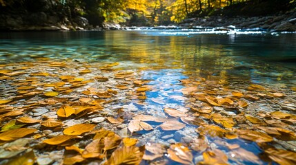 Sticker - Autumn leaves on a riverbed in clear water.