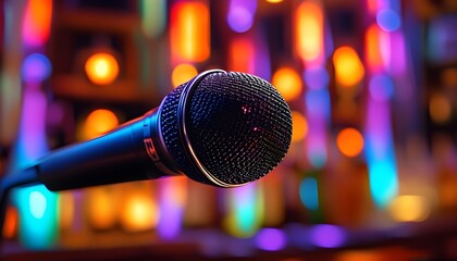 Wall Mural - Vibrant Close-Up of Microphone on Stage Surrounded by Colorful Lights in a Lively Karaoke Bar or Nightclub Setting