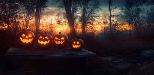 A spooky forest sunset with a haunted evil glowing eyes of Jack O' Lanterns on the left of a wooden bench on a scary halloween night.