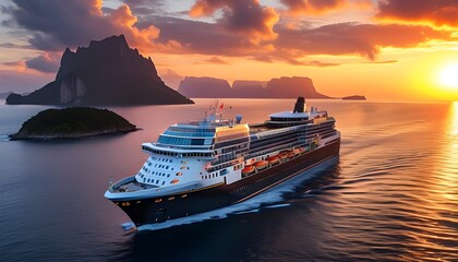 Wall Mural - Majestic Cruise Ship Gliding Through Sunset with Island Backdrop for an Unforgettable Luxury Travel Experience