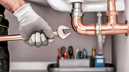 a plumber's gloved hands carefully adjusting a pipe wrench on a copper pipe under a bathroom sink