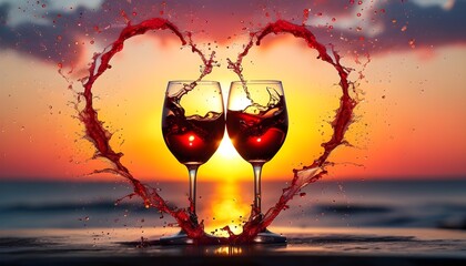 Wall Mural - Heartfelt Celebration of Love with Splashing Red Wine Glasses at a Vibrant Sunset in Abstract Colors