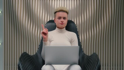 Female programmer serious business worker businesswoman hacker developer woman girl in modern futuristic space work laptop play computer game virtual tech cybersecurity shaking finger no refuse reject