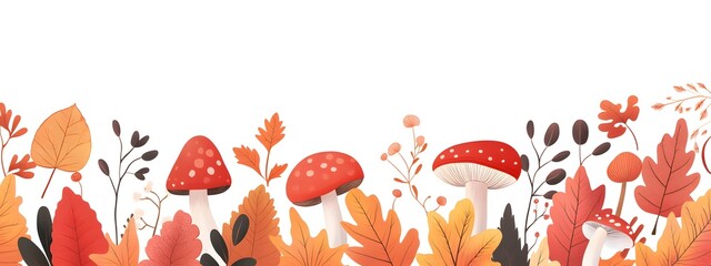 Poster - 
A vector illustration of hand-drawn, cute autumn leaves, mushrooms, and acorns in the bottom border on a white background.