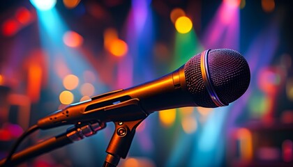 Wall Mural - Vibrant Close-Up of Microphone on Stage Surrounded by Colorful Lights in a Lively Karaoke Bar or Nightclub Setting