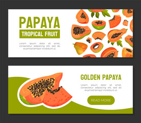 Wall Mural - Papaya Fruit Label Design with Cut Section with Seeds and Orange Pulp Vector Template