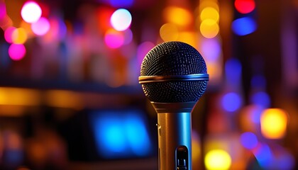 Wall Mural - Vibrant Close-Up of Microphone on Stage Surrounded by Colorful Lights in a Lively Karaoke Bar or Nightclub Setting