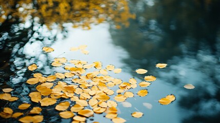 Sticker - Close up of yellow fall leaves floating on a blue water surface with blurred background.