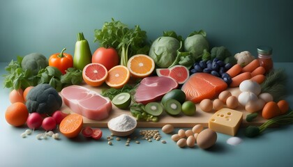 Wall Mural - immersive 3D gallery showcasing food groups with interactive elements revealing health benefits and nutritional insights for an engaging learning experience