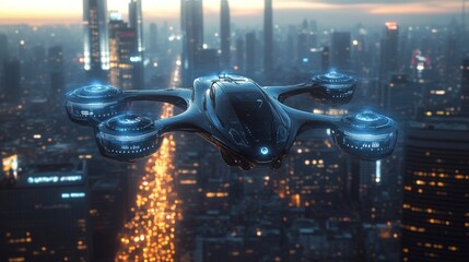 Futuristic flying car hovering over a city at dusk.